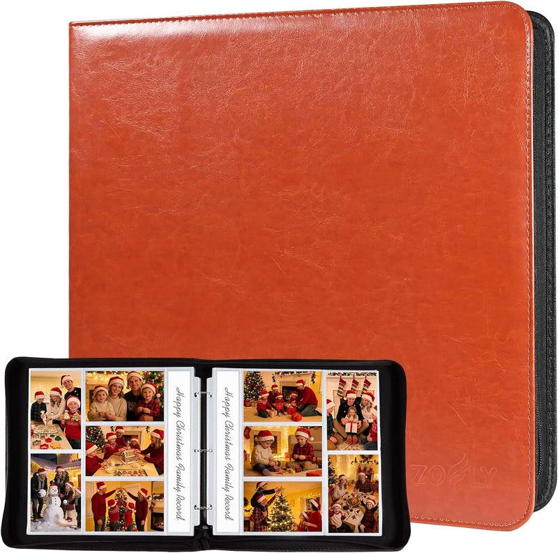 Zofly 4x6 Photo Album for 3-Ring Binder – Zippered Leather Picture Albums Kit with 20 Page Protectors, Holds 200 Mixed Layout Photos, Large Capacity Family Wedding Anniversary Baby Album Book, Brown - Image 1